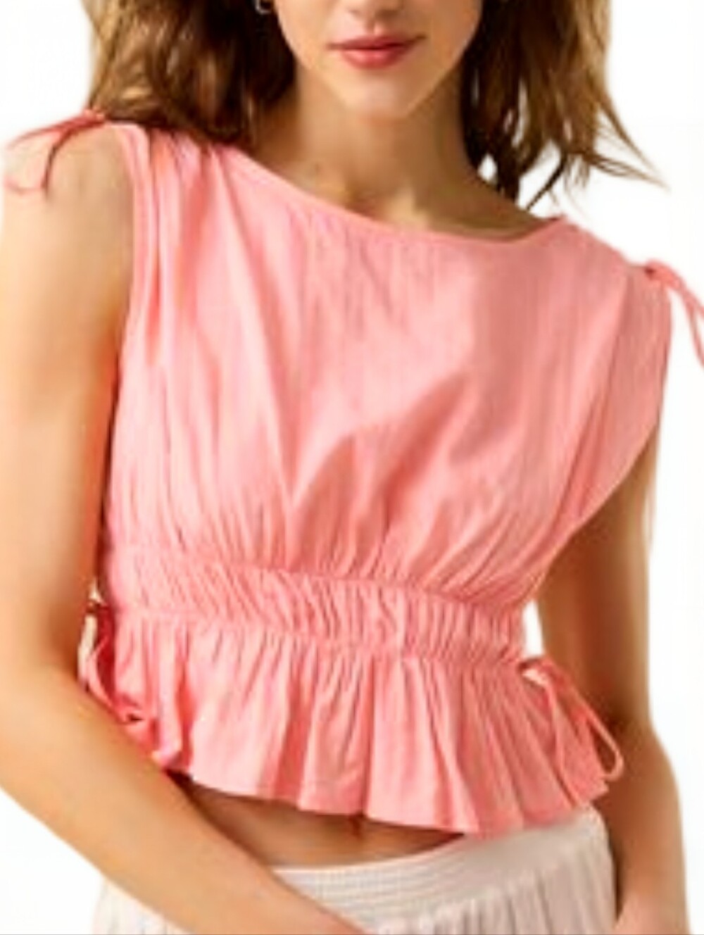 Altar'd State Coral Pink Smocked Crop Top M Tie Shoulder Peplum Cottagecore Boho